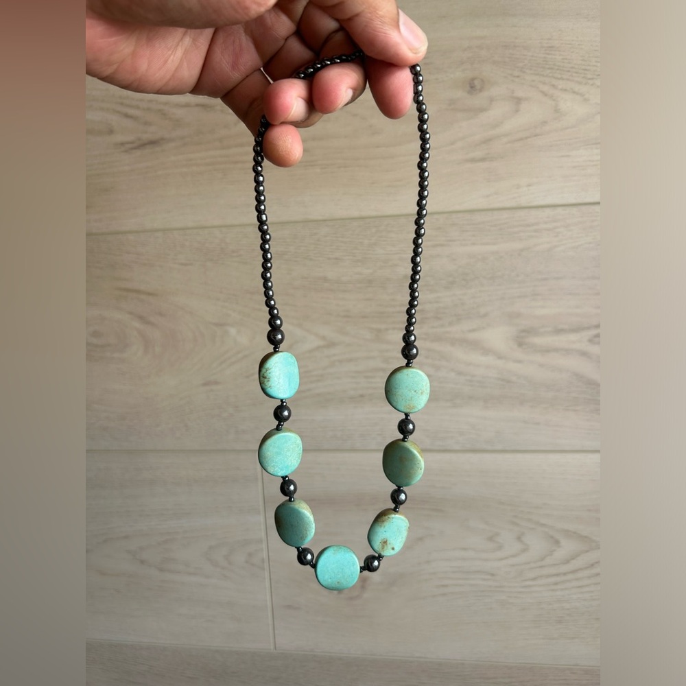 Genuine Green Turquoise & Hematite Stone Beaded Necklace, size 18”